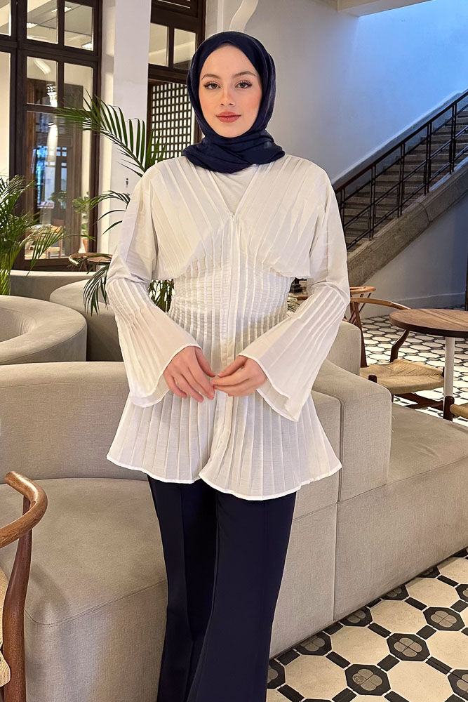 Piliseli Fermuarlı Gömlek - Ekru - HENZA (5)