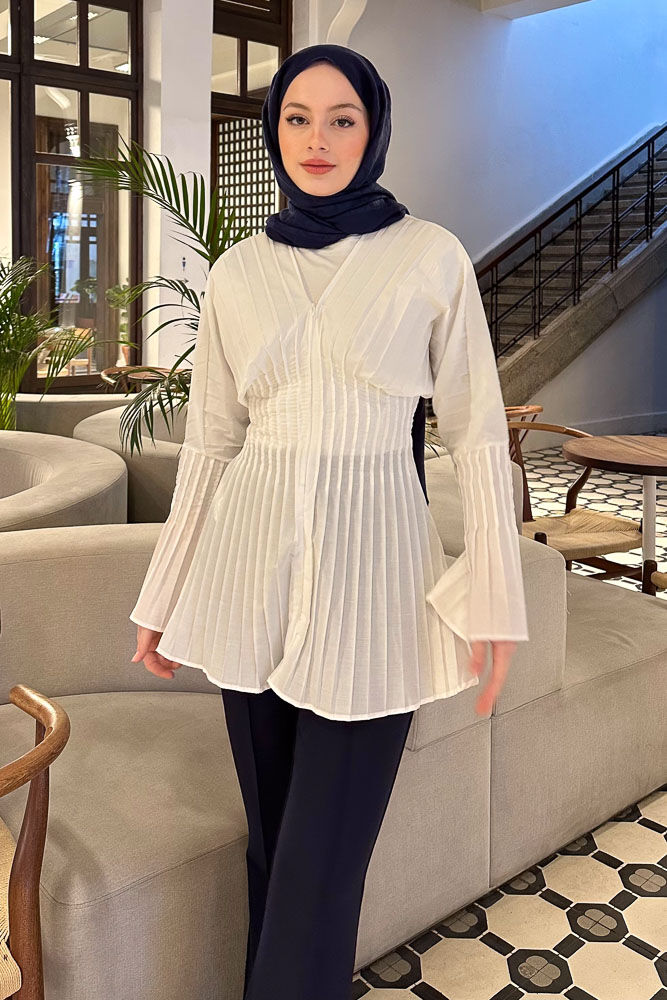 Piliseli Fermuarlı Gömlek - Ekru - HENZA (1)