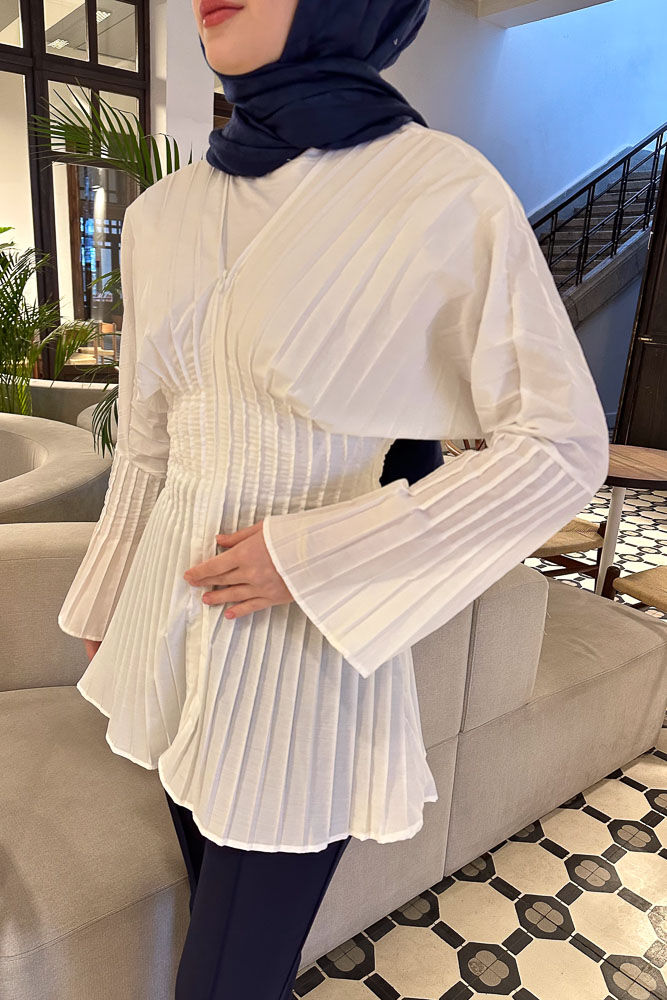 Piliseli Fermuarlı Gömlek - Ekru - HENZA (4)