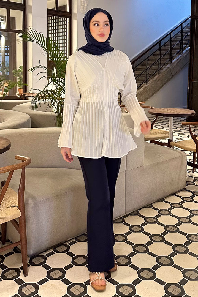 Piliseli Fermuarlı Gömlek - Ekru - HENZA (2)