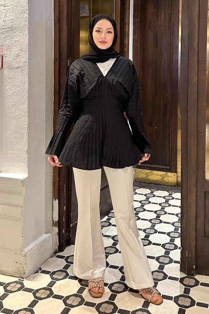 Piliseli Fermuarlı Gömlek - Siyah - HENZA (1)