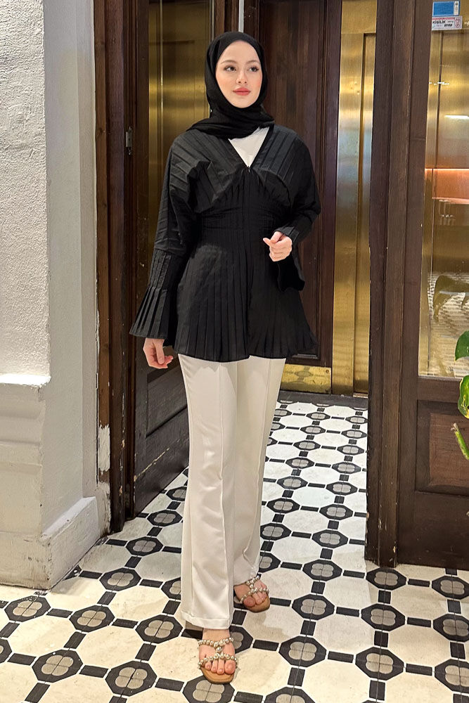 Piliseli Fermuarlı Gömlek - Siyah - HENZA (5)