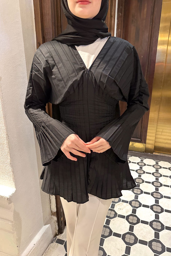 Piliseli Fermuarlı Gömlek - Siyah - HENZA (4)