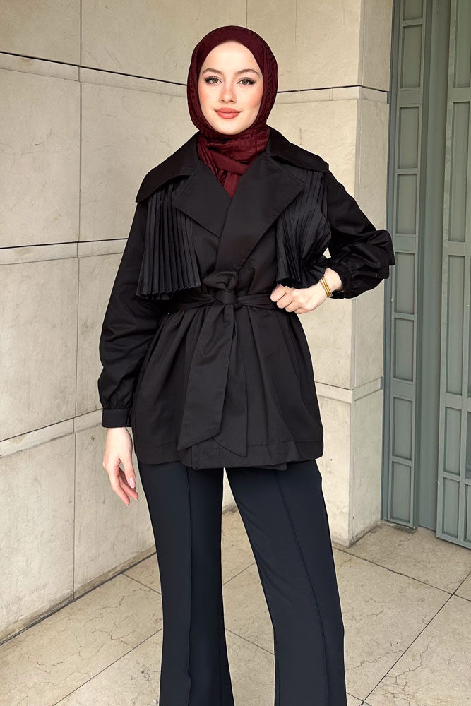 Piliseli Rüzgarlıklı Kısa Trençkot - Siyah - HEWES (5)