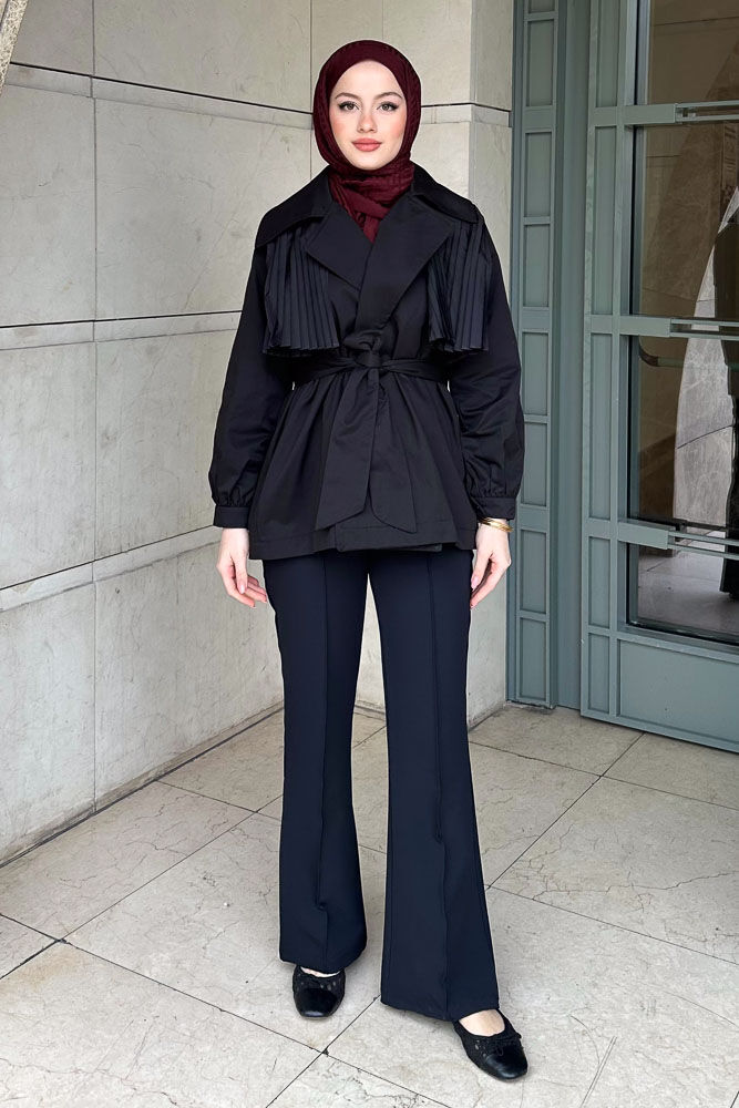 Piliseli Rüzgarlıklı Kısa Trençkot - Siyah - HEWES (2)