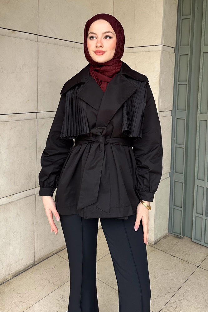 Piliseli Rüzgarlıklı Kısa Trençkot - Siyah - HEWES (1)