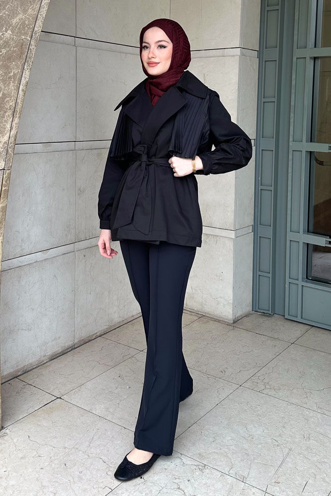 Piliseli Rüzgarlıklı Kısa Trençkot - Siyah - HEWES (4)