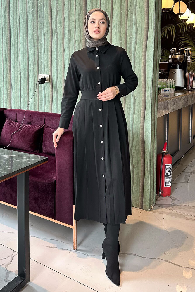 Piliseli Şık Elbise - Siyah - İKOL (3)