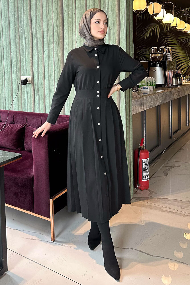 Piliseli Şık Elbise - Siyah - İKOL (5)