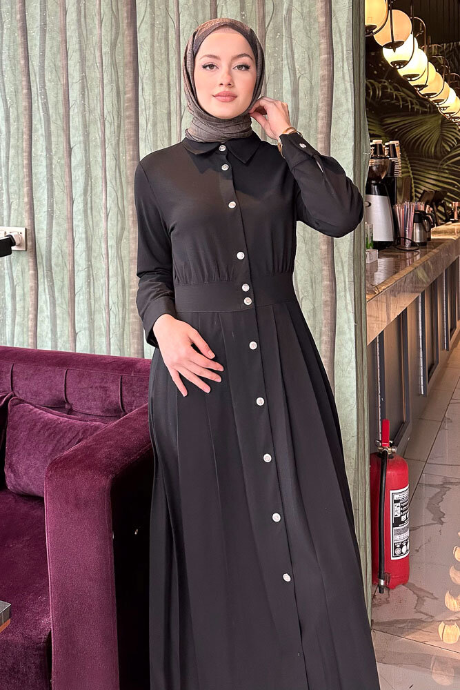 Piliseli Şık Elbise - Siyah - İKOL (2)