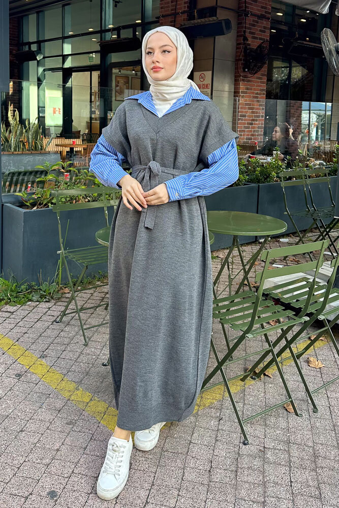 Poplin Detaylı Triko Elbise - Antrasit - 3