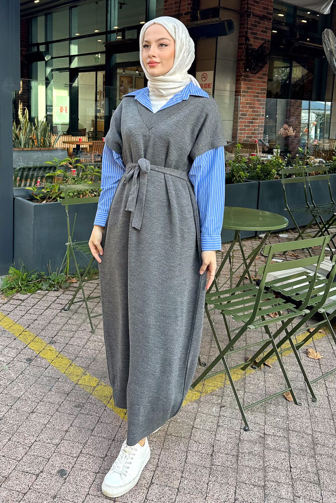 Poplin Detaylı Triko Elbise - Antrasit - ENMA (4)