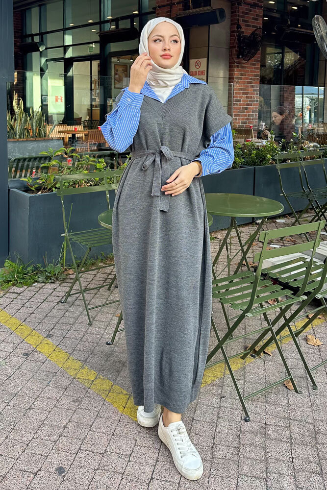 Poplin Detaylı Triko Elbise - Antrasit - 7