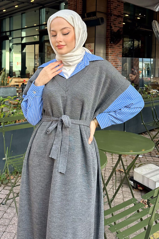 Poplin Detaylı Triko Elbise - Antrasit - 6