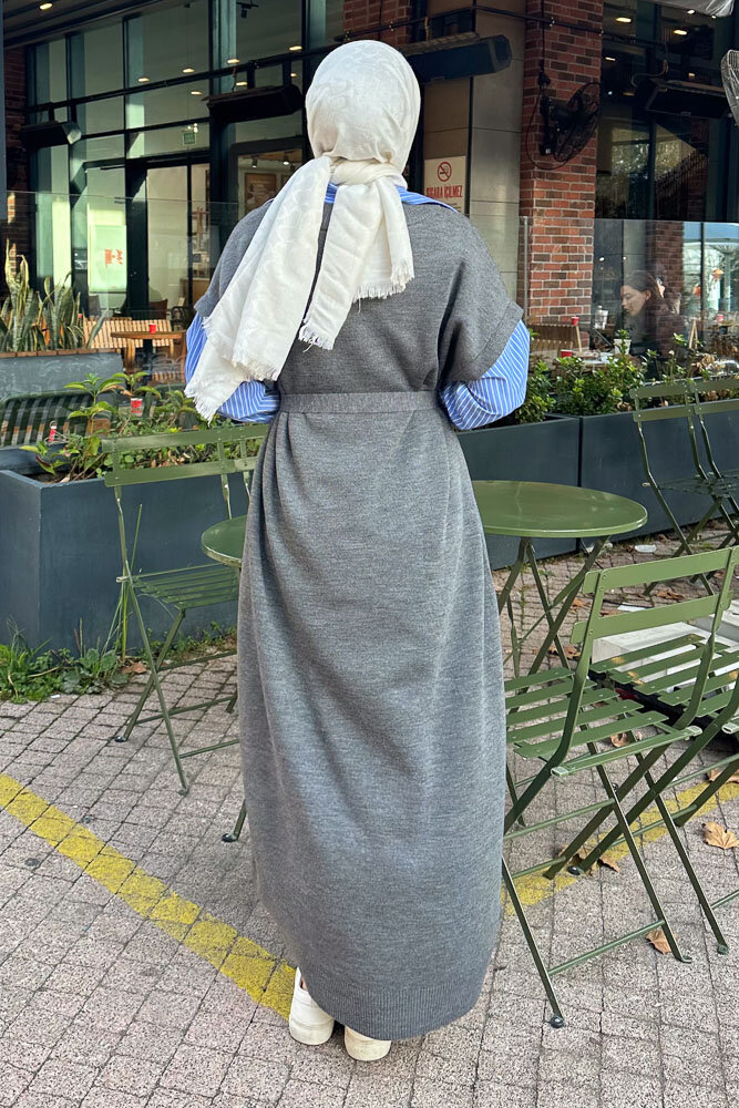 Poplin Detaylı Triko Elbise - Antrasit - 8