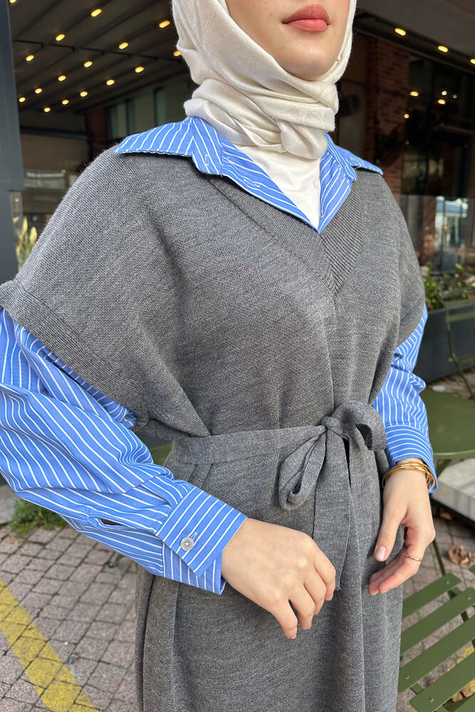 Poplin Detaylı Triko Elbise - Antrasit - 4