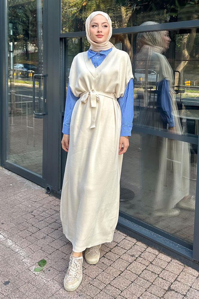 Poplin Detaylı Triko Elbise - Bej - 4