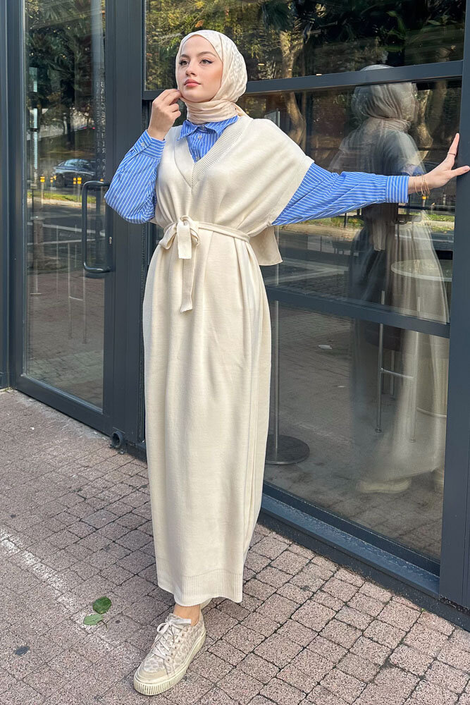 Poplin Detaylı Triko Elbise - Bej - ENMA (4)