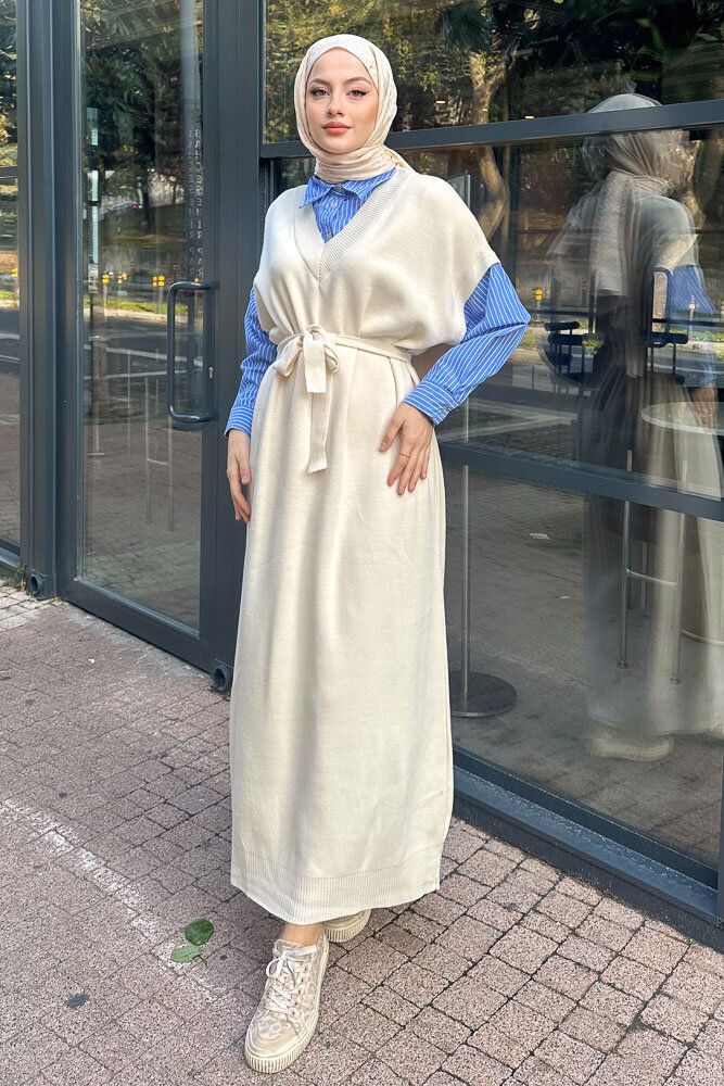 Poplin Detaylı Triko Elbise - Bej - ENMA (0)