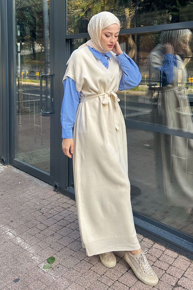 Poplin Detaylı Triko Elbise - Bej - 7