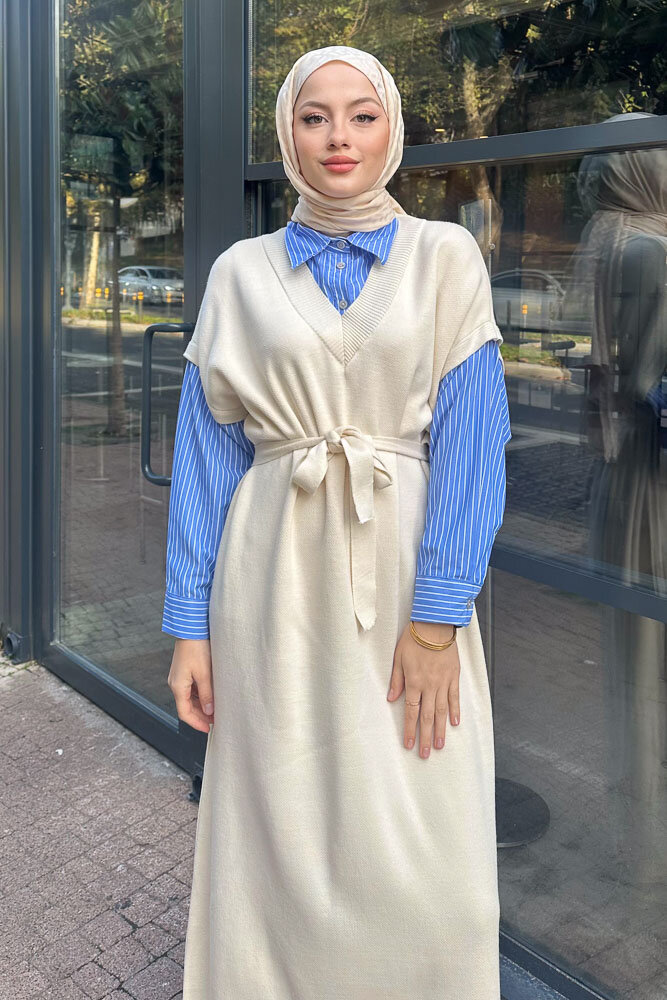 Poplin Detaylı Triko Elbise - Bej - ENMA (5)