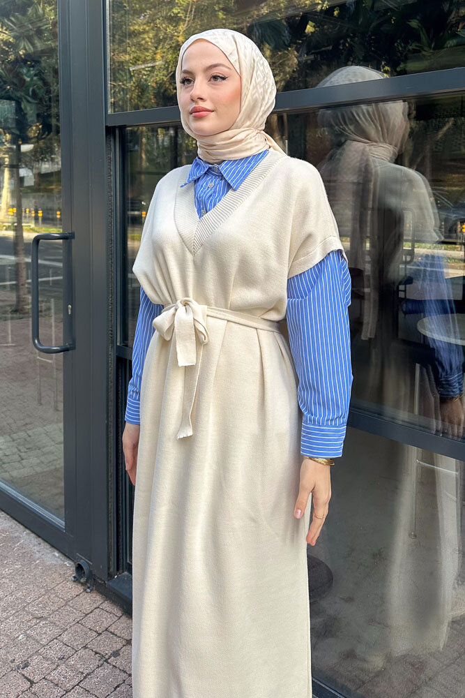 Poplin Detaylı Triko Elbise - Bej - ENMA (1)