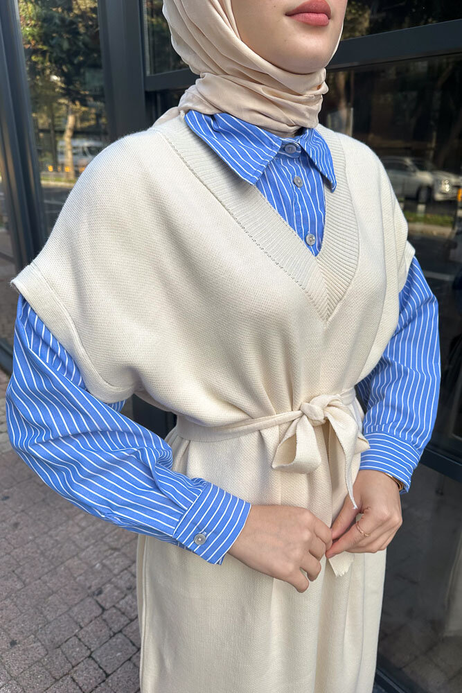 Poplin Detaylı Triko Elbise - Bej - ENMA (2)