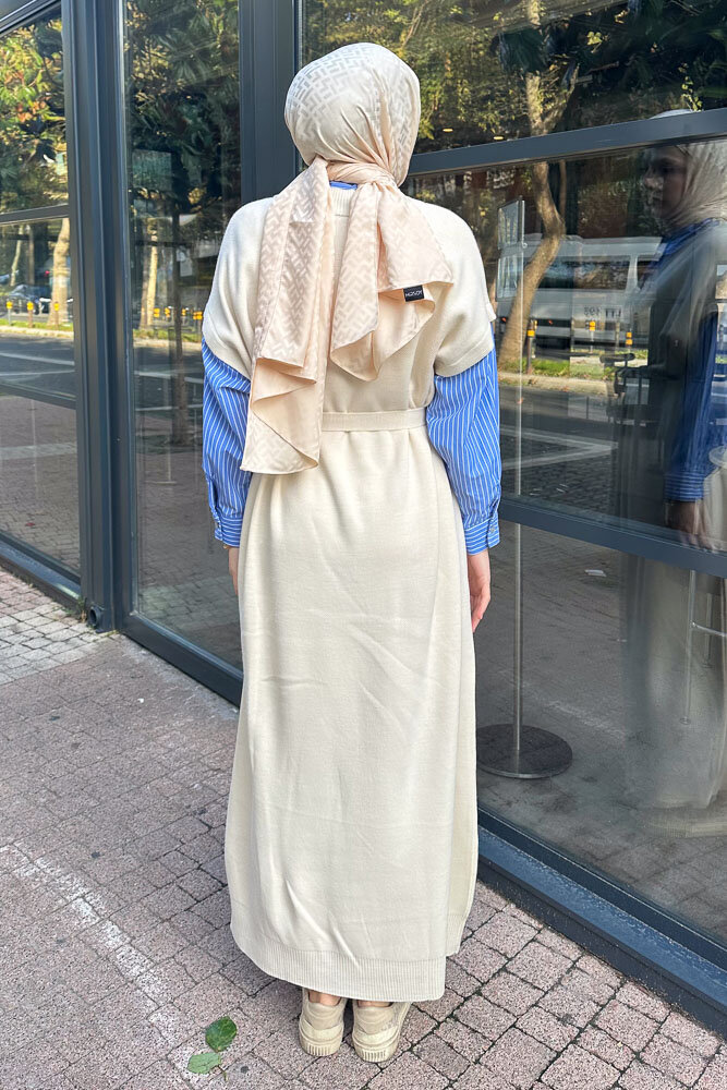 Poplin Detaylı Triko Elbise - Bej - 8