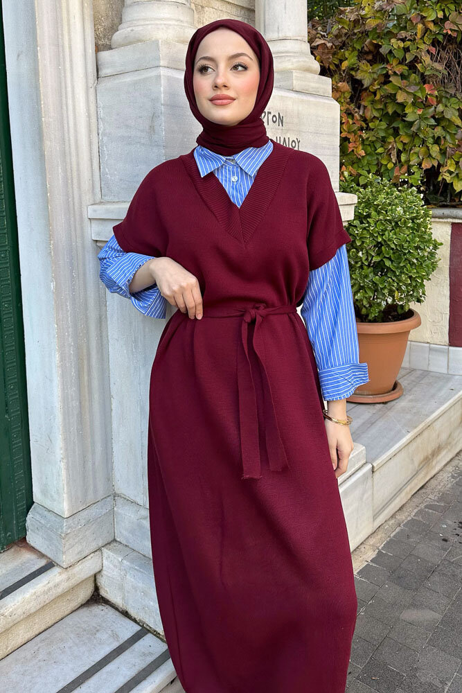Poplin Detaylı Triko Elbise - Bordo - ENMA (5)