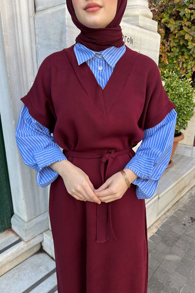 Poplin Detaylı Triko Elbise - Bordo - ENMA (3)