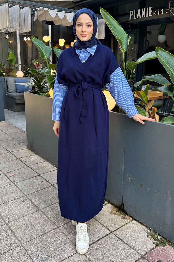 Poplin Detaylı Triko Elbise - Lacivert 