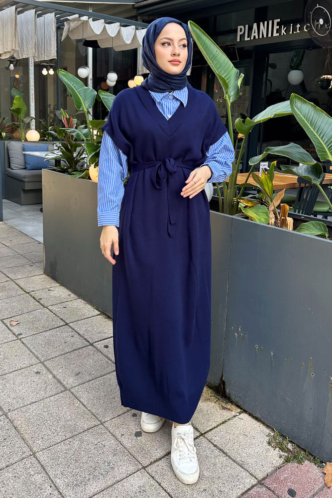 Poplin Detaylı Triko Elbise - Lacivert - ENMA (2)