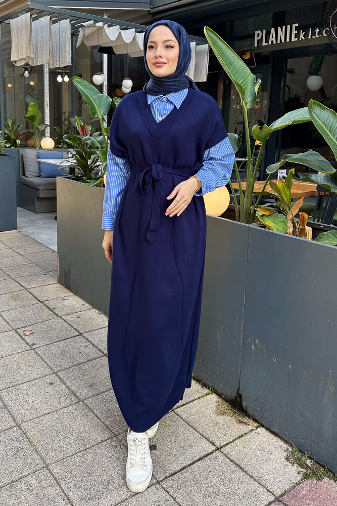 Poplin Detaylı Triko Elbise - Lacivert - ENMA (4)