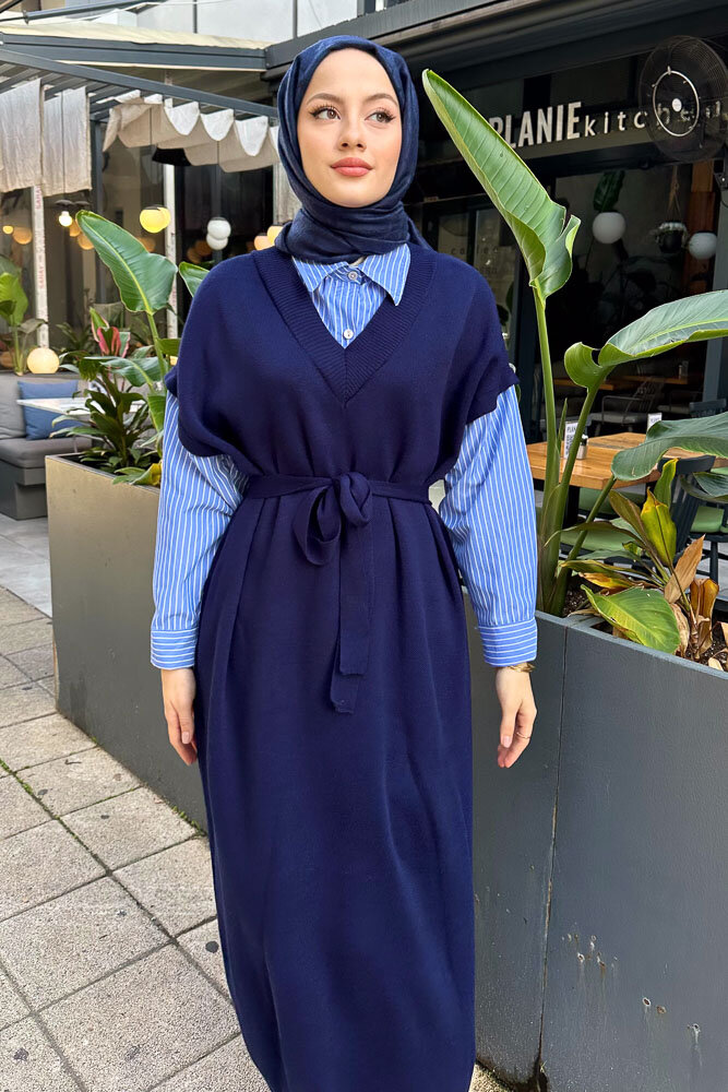 Poplin Detaylı Triko Elbise - Lacivert - ENMA (1)