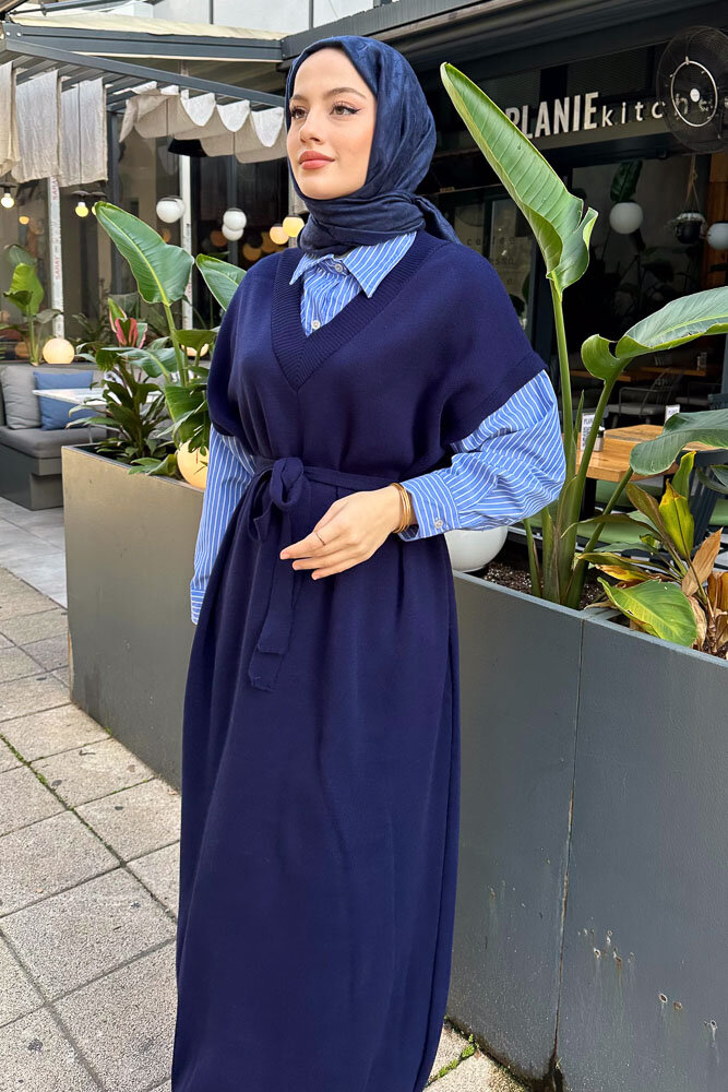 Poplin Detaylı Triko Elbise - Lacivert - ENMA (3)