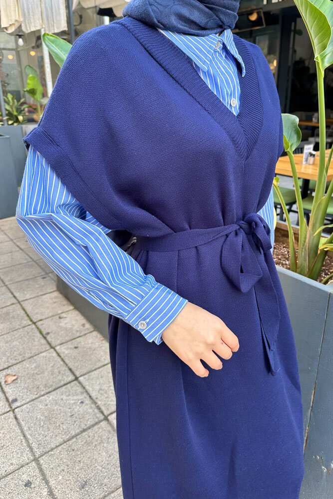 Poplin Detaylı Triko Elbise - Lacivert - ENMA (5)