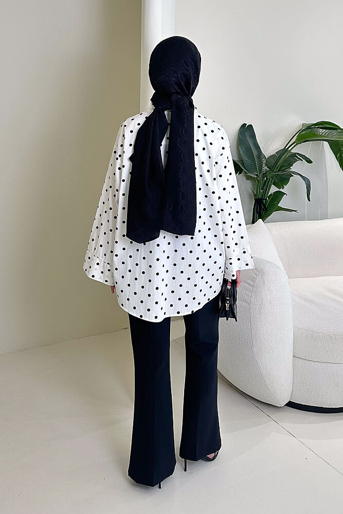 Puantiyeli Bağcık Detaylı Gömlek - Beyaz - ENMA (5)