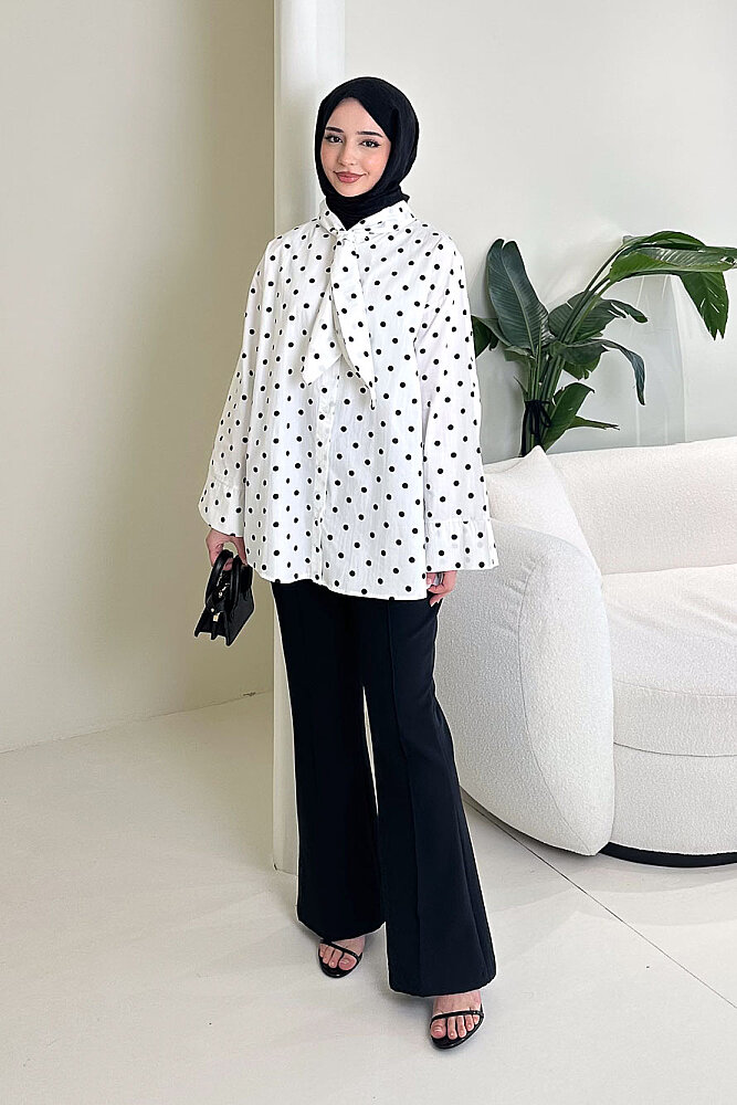 Puantiyeli Bağcık Detaylı Gömlek - Beyaz - ENMA (4)