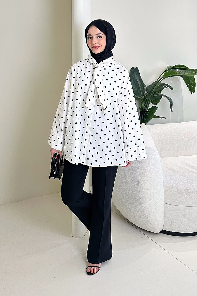 Puantiyeli Bağcık Detaylı Gömlek - Beyaz - 3