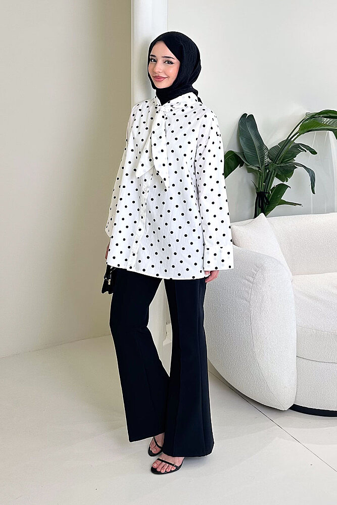 Puantiyeli Bağcık Detaylı Gömlek - Beyaz - 1