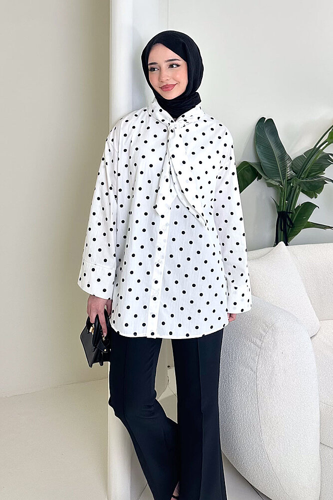 Puantiyeli Bağcık Detaylı Gömlek - Beyaz - 4