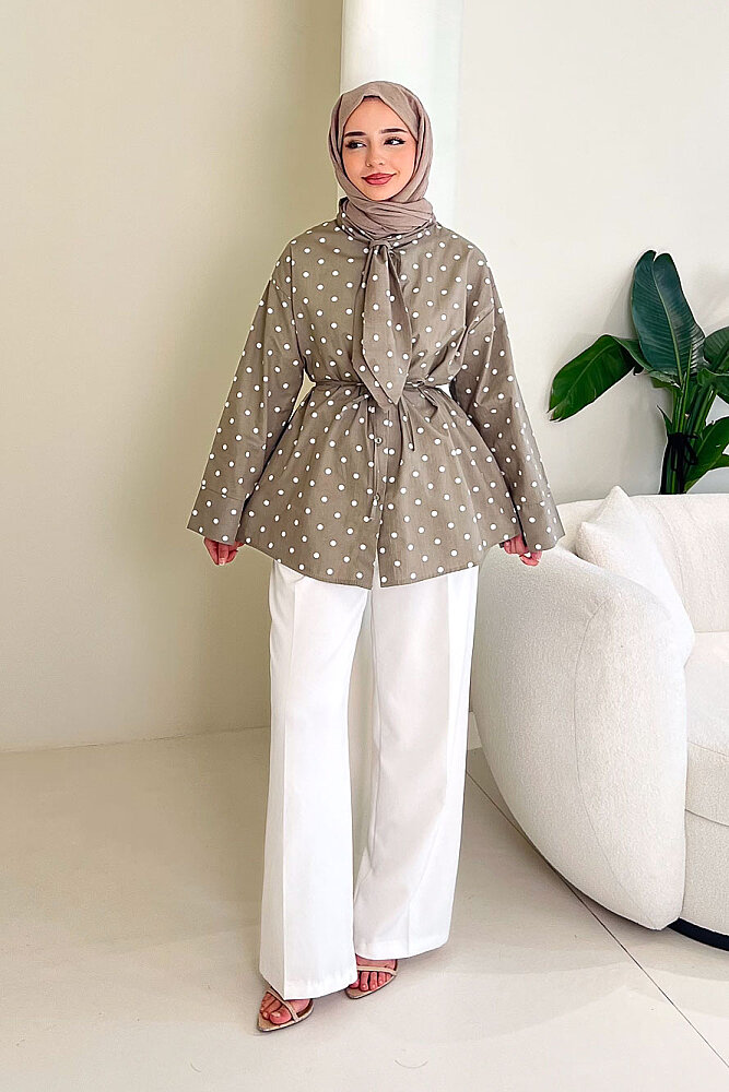Puantiyeli Bağcık Detaylı Gömlek - Haki - 2