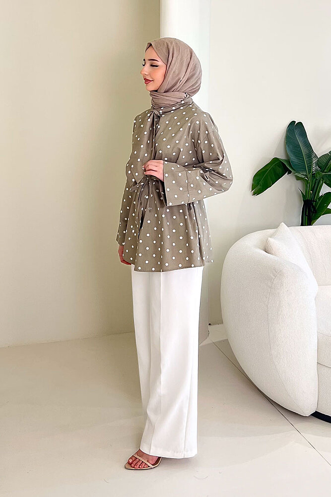 Puantiyeli Bağcık Detaylı Gömlek - Haki - 4