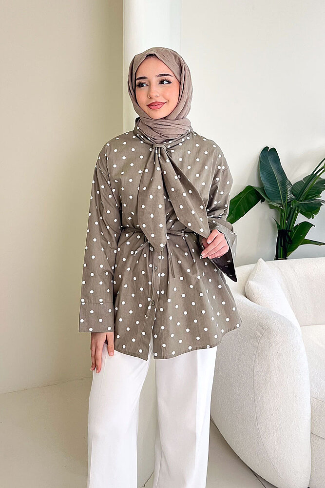 Puantiyeli Bağcık Detaylı Gömlek - Haki - 7