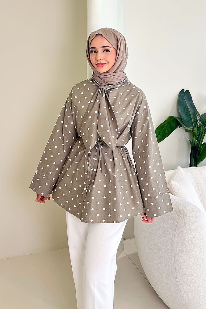 Puantiyeli Bağcık Detaylı Gömlek - Haki - 3