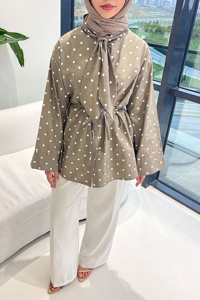 Puantiyeli Bağcık Detaylı Gömlek - Haki - ENMA (4)