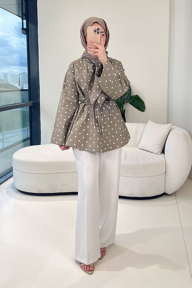 Puantiyeli Bağcık Detaylı Gömlek - Haki - ENMA (5)