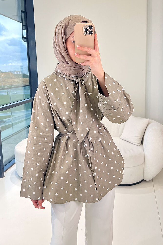 Puantiyeli Bağcık Detaylı Gömlek - Haki - ENMA (0)