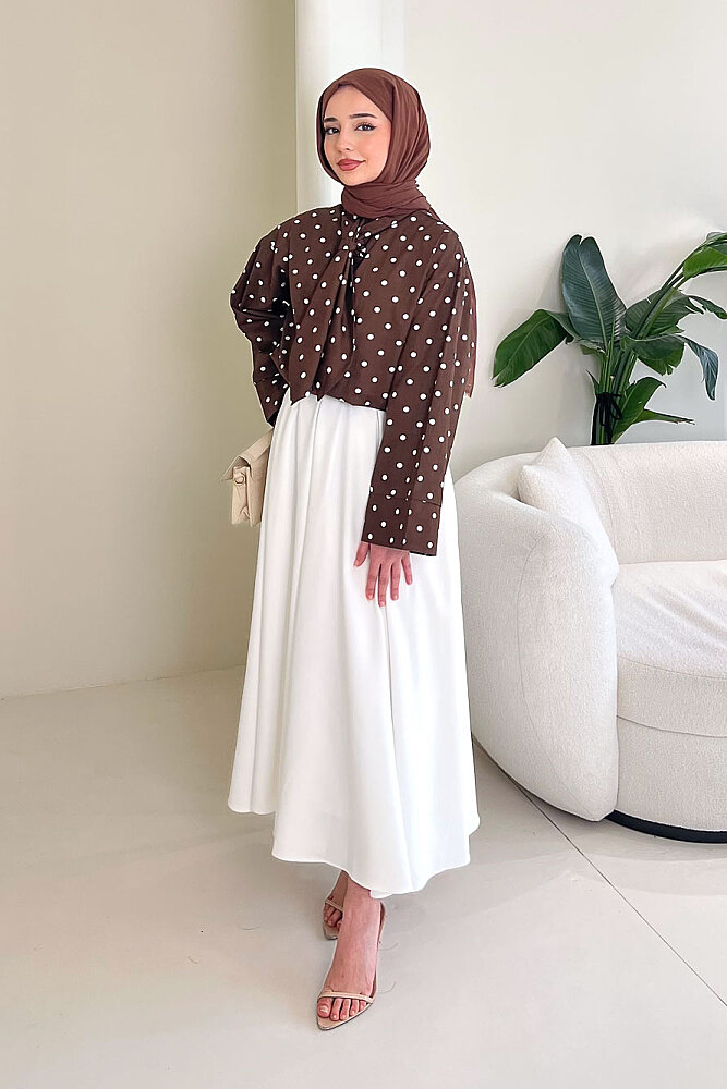 Puantiyeli Bağcık Detaylı Gömlek - Kahverengi - 4