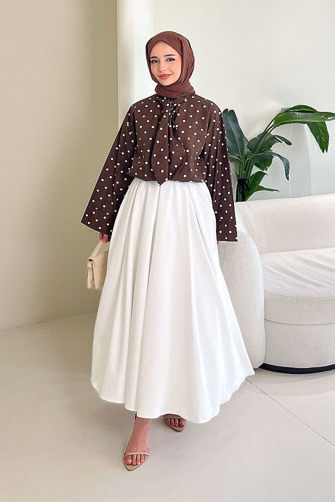 Puantiyeli Bağcık Detaylı Gömlek - Kahverengi - 1